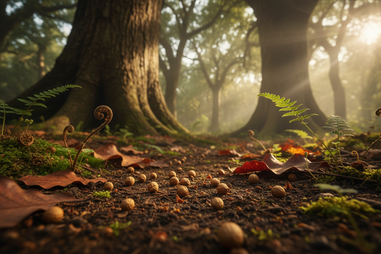small seeds beside large trees